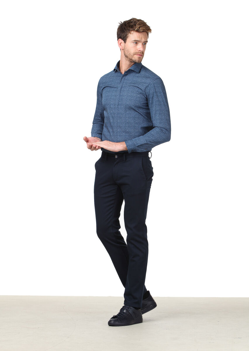 Lacivert Düz Dokuma Regular Fit Casual Pamuk Karışımlı Pantolon - 1