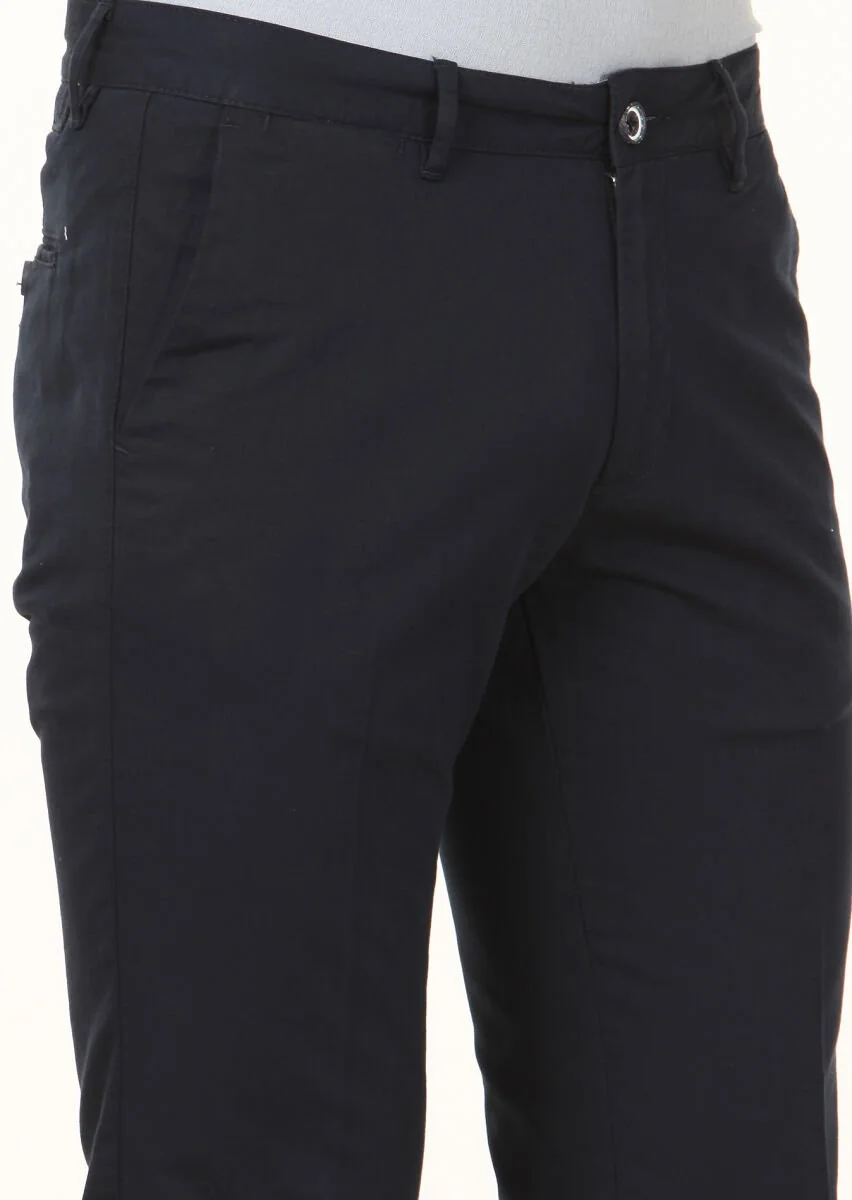 Lacivert Düz Dokuma Regular Fit Casual Pamuk Karışımlı Pantolon - 3