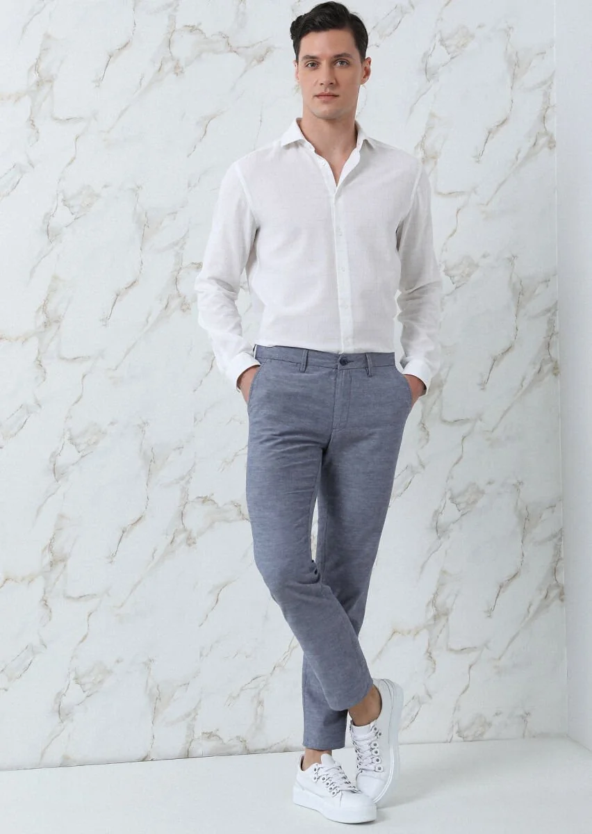 Lacivert Düz Dokuma Regular Fit Casual Pamuk Karışımlı Pantolon - 3