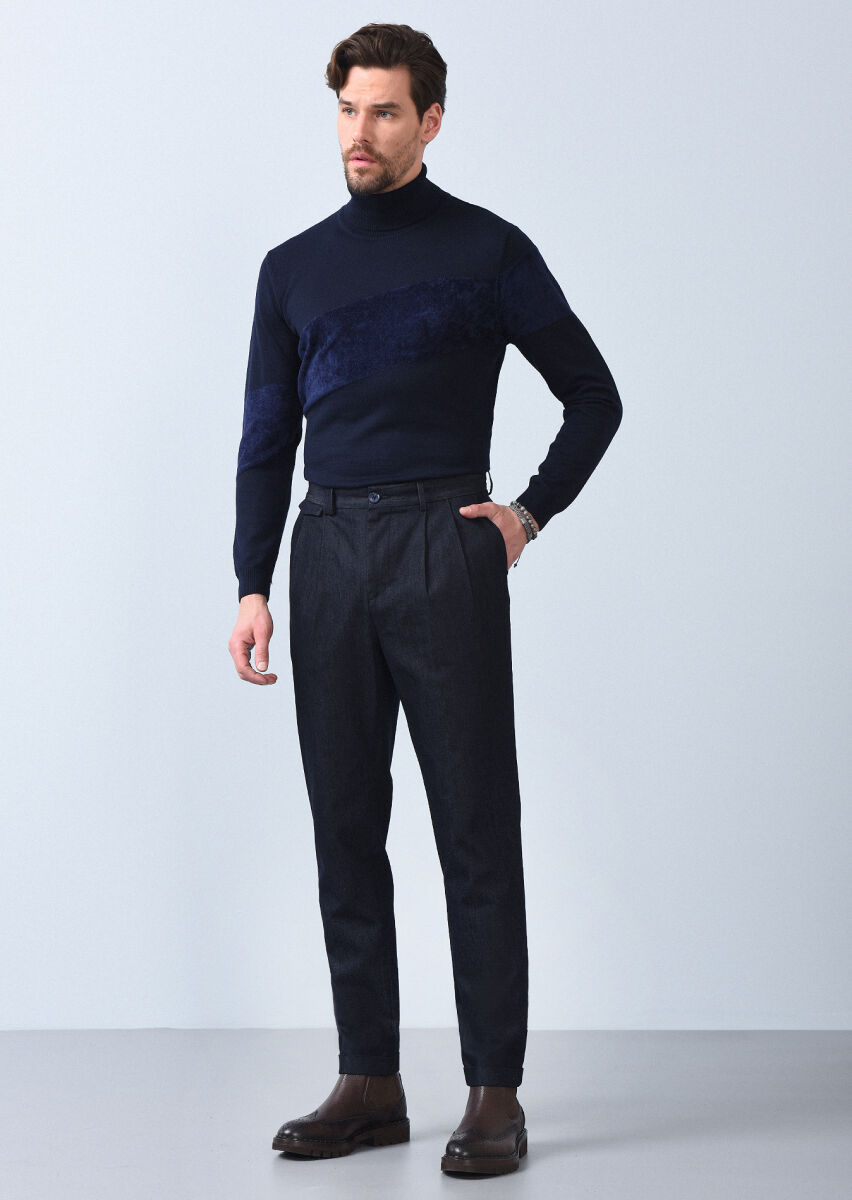 Lacivert Düz Dokuma Regular Fit Casual Pamuk Karışımlı Pantolon - 2