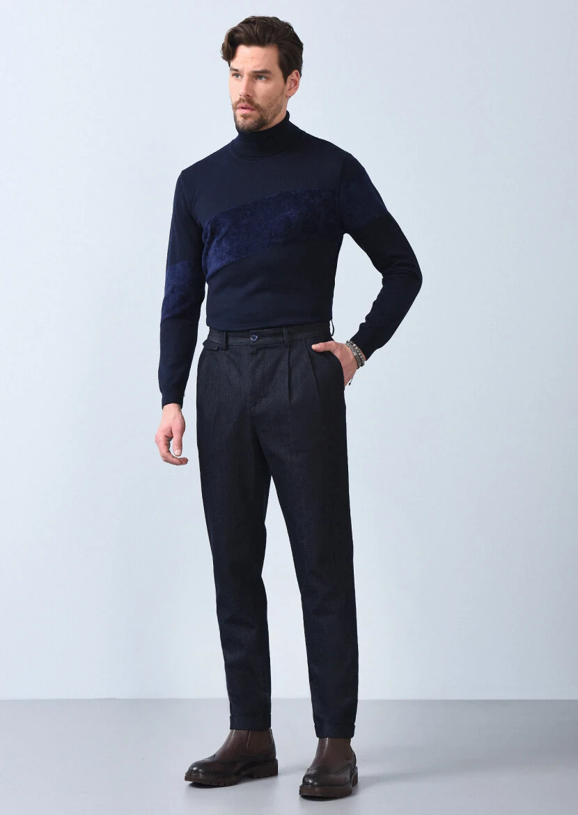 Lacivert Düz Dokuma Regular Fit Casual Pamuk Karışımlı Pantolon - 3