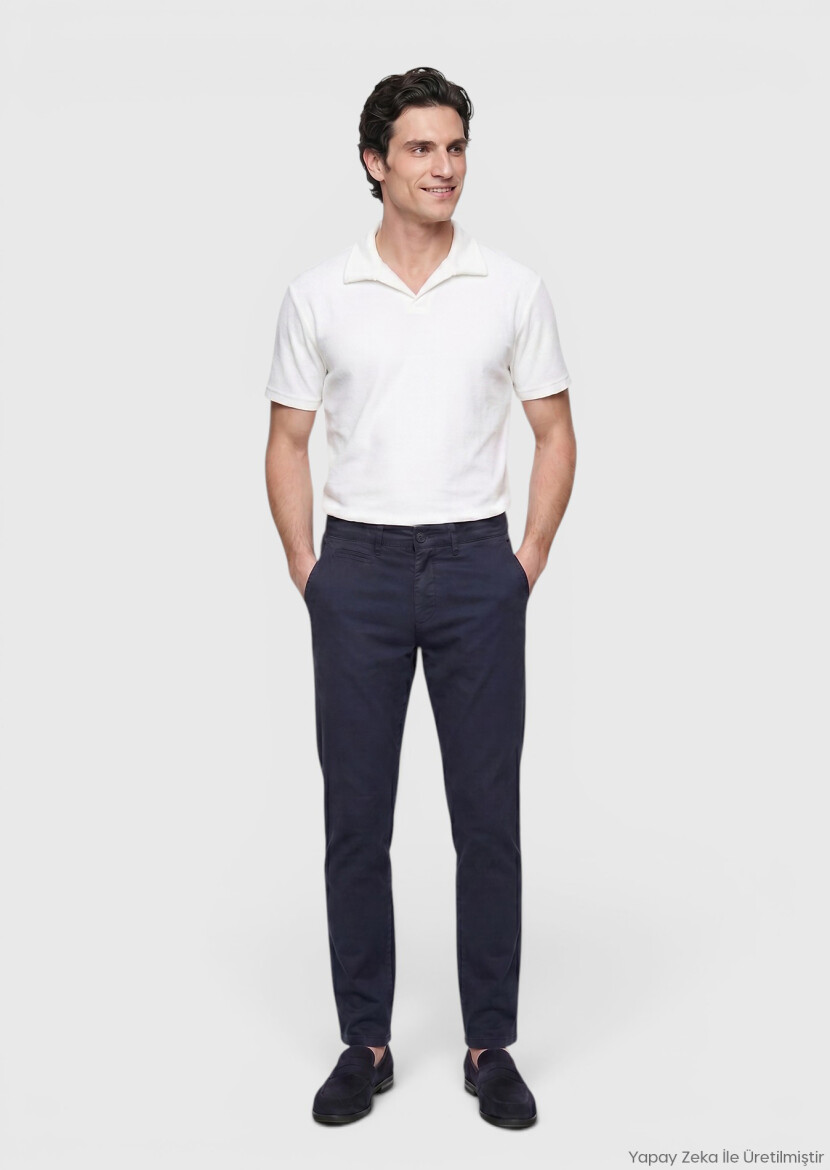 Lacivert Düz Dokuma Regular Fit Casual Pamuk Karışımlı Pantolon 