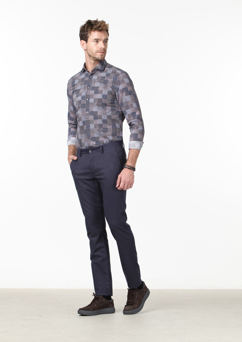 Lacivert Düz Dokuma Regular Fit Casual Pantolon - 1