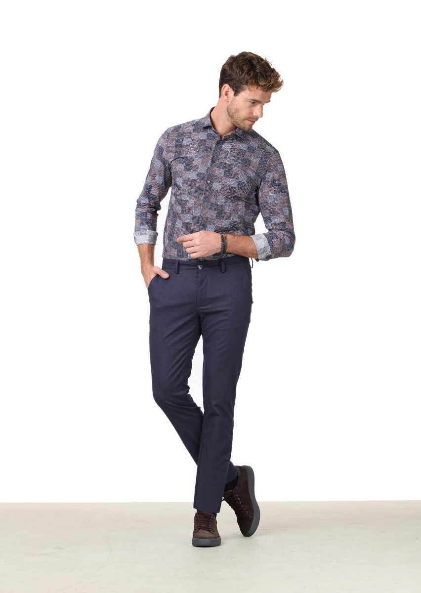 Lacivert Düz Dokuma Regular Fit Casual Pantolon - 2