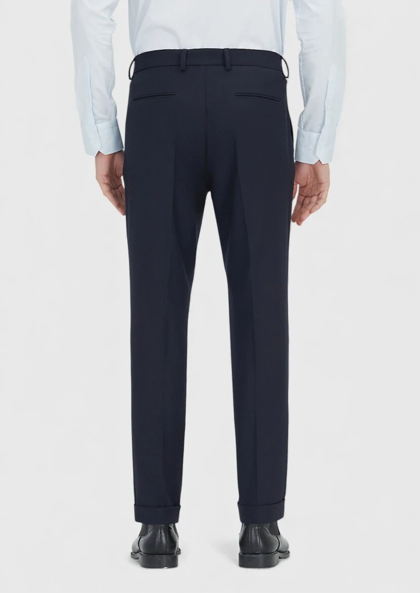 Lacivert Düz Dokuma Regular Fit Casual Yün Karışımlı Pantolon - 5