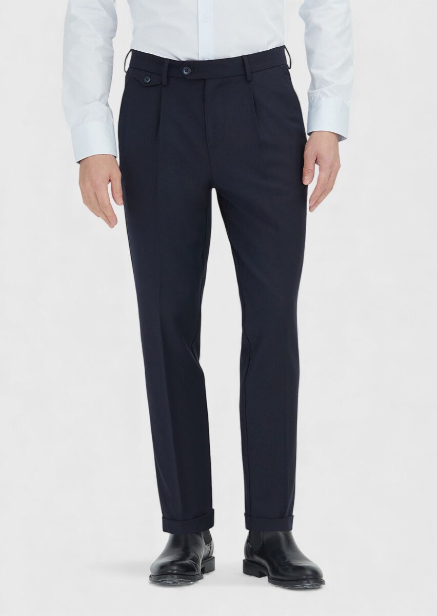 Lacivert Düz Dokuma Regular Fit Casual Yün Karışımlı Pantolon - 2