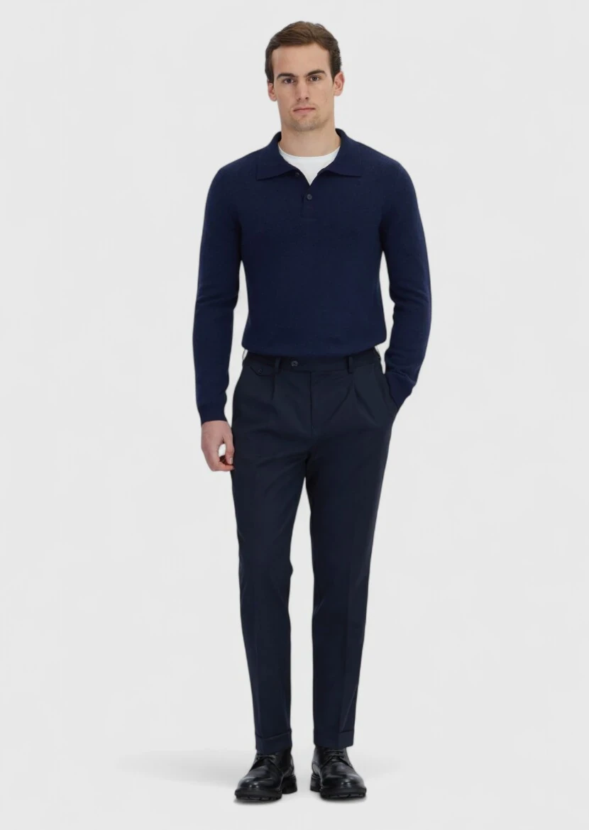 Lacivert Düz Dokuma Regular Fit Casual Yün Karışımlı Pantolon - 1