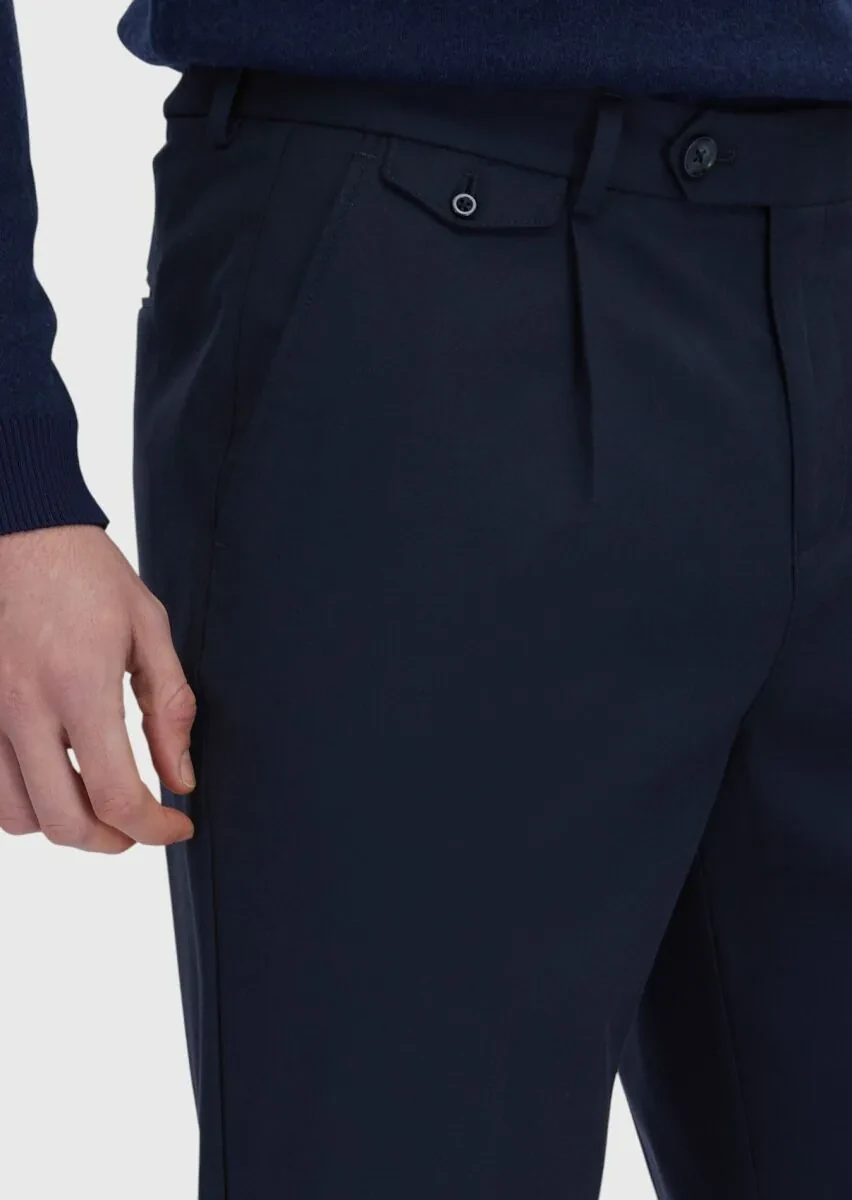 Lacivert Düz Dokuma Regular Fit Casual Yün Karışımlı Pantolon - 3