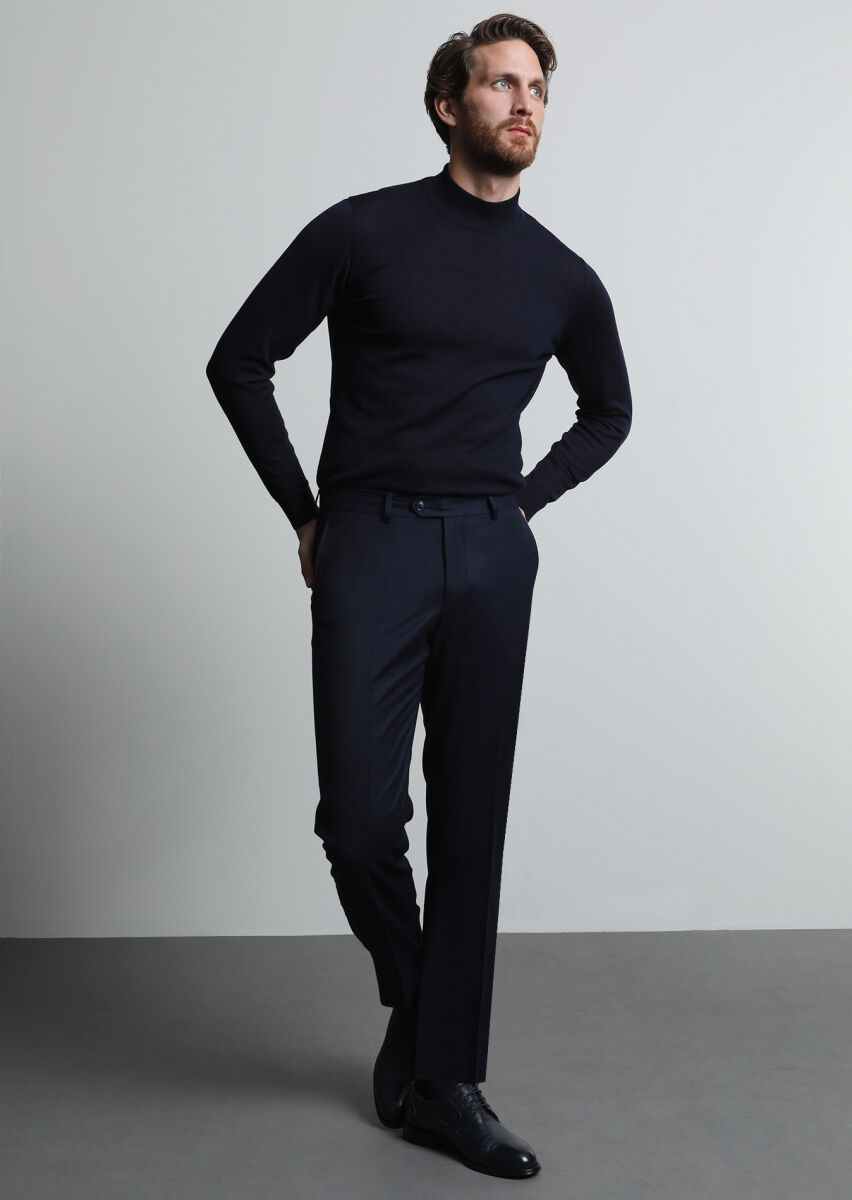 Lacivert Düz Dokuma Regular Fit Klasik %100 Yün Pantolon - 1