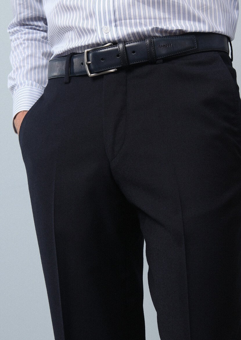 Lacivert Düz Dokuma Regular Fit Klasik %100 Yün Pantolon - 3
