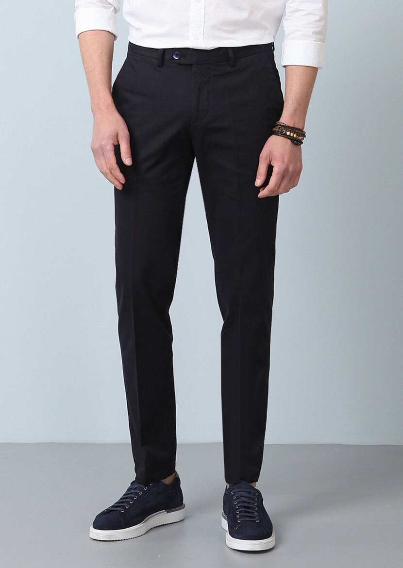 Lacivert Düz Dokuma Regular Fit Smart Casual Pamuk Karışımlı Pantolon 