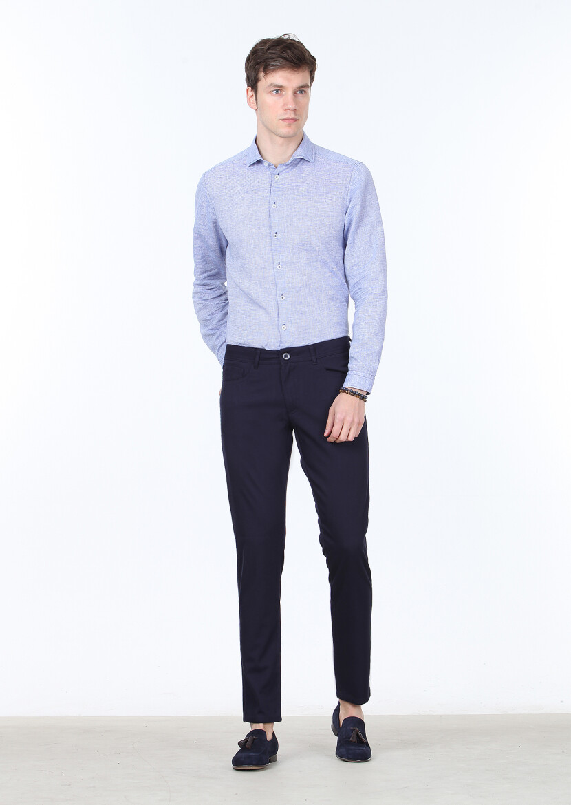 Lacivert Düz Dokuma Slim Fit Casual %100 Pamuk Pantolon 