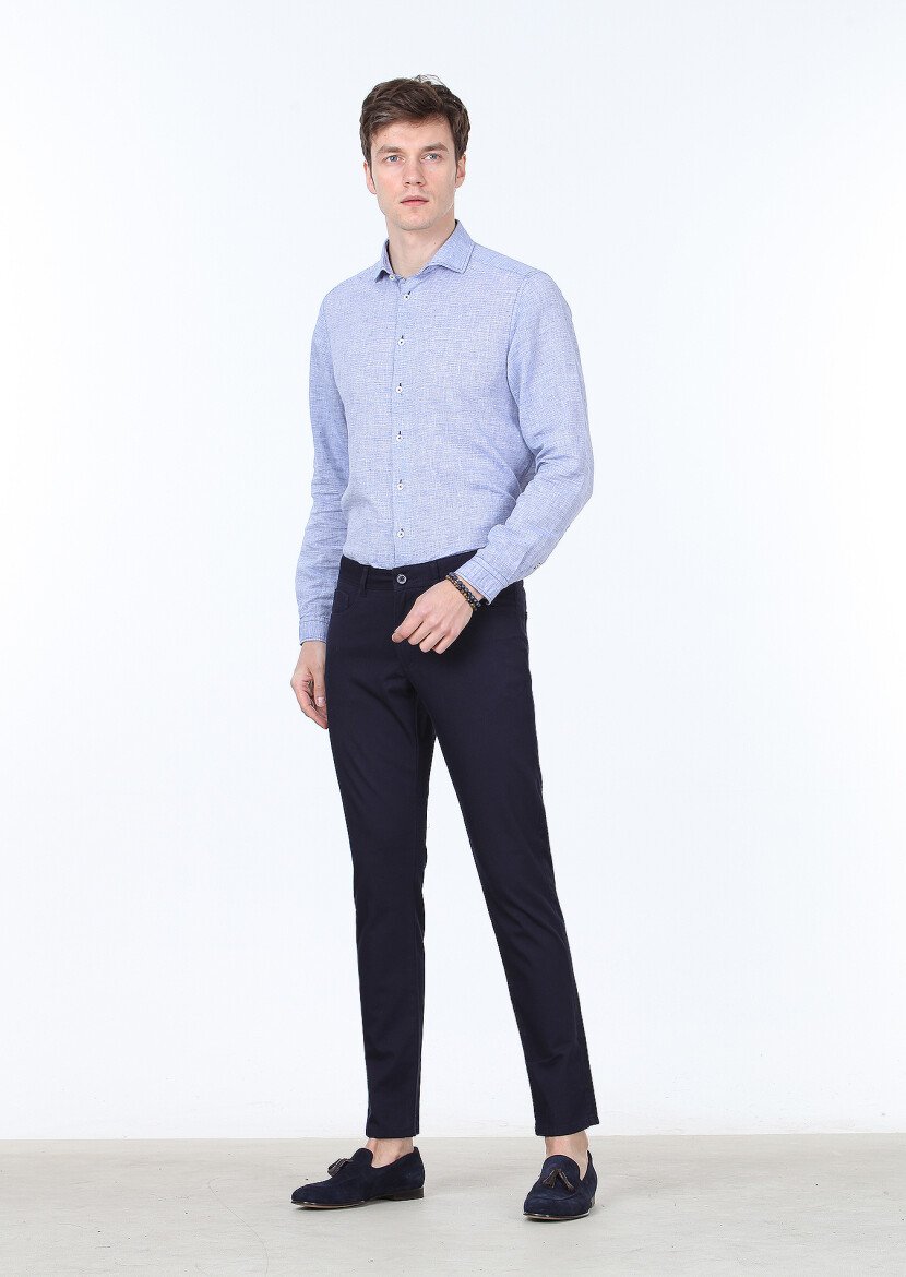Lacivert Düz Dokuma Slim Fit Casual %100 Pamuk Pantolon - 1