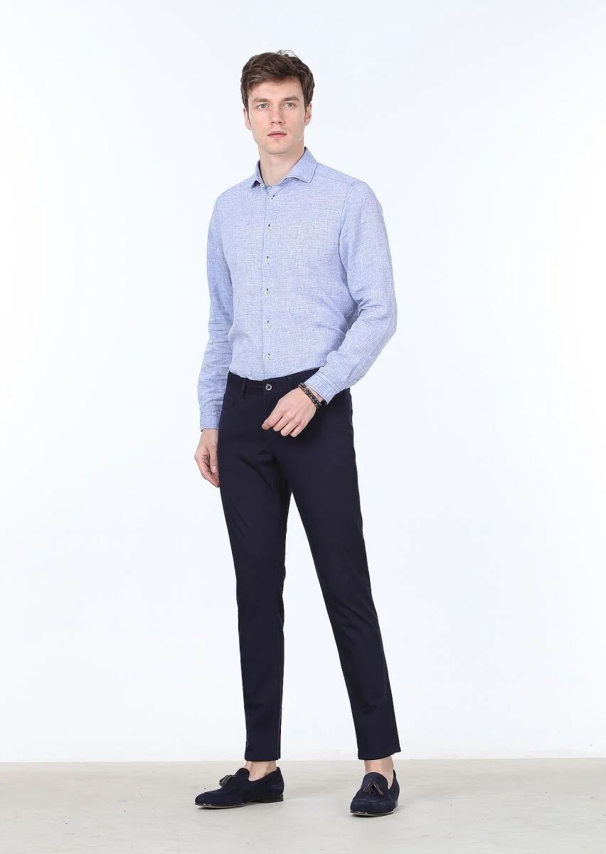 Lacivert Düz Dokuma Slim Fit Casual %100 Pamuk Pantolon - 1