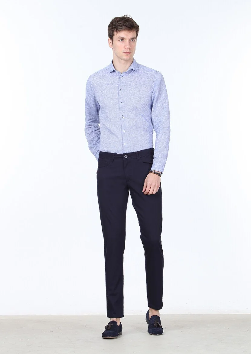 Lacivert Düz Dokuma Slim Fit Casual %100 Pamuk Pantolon 