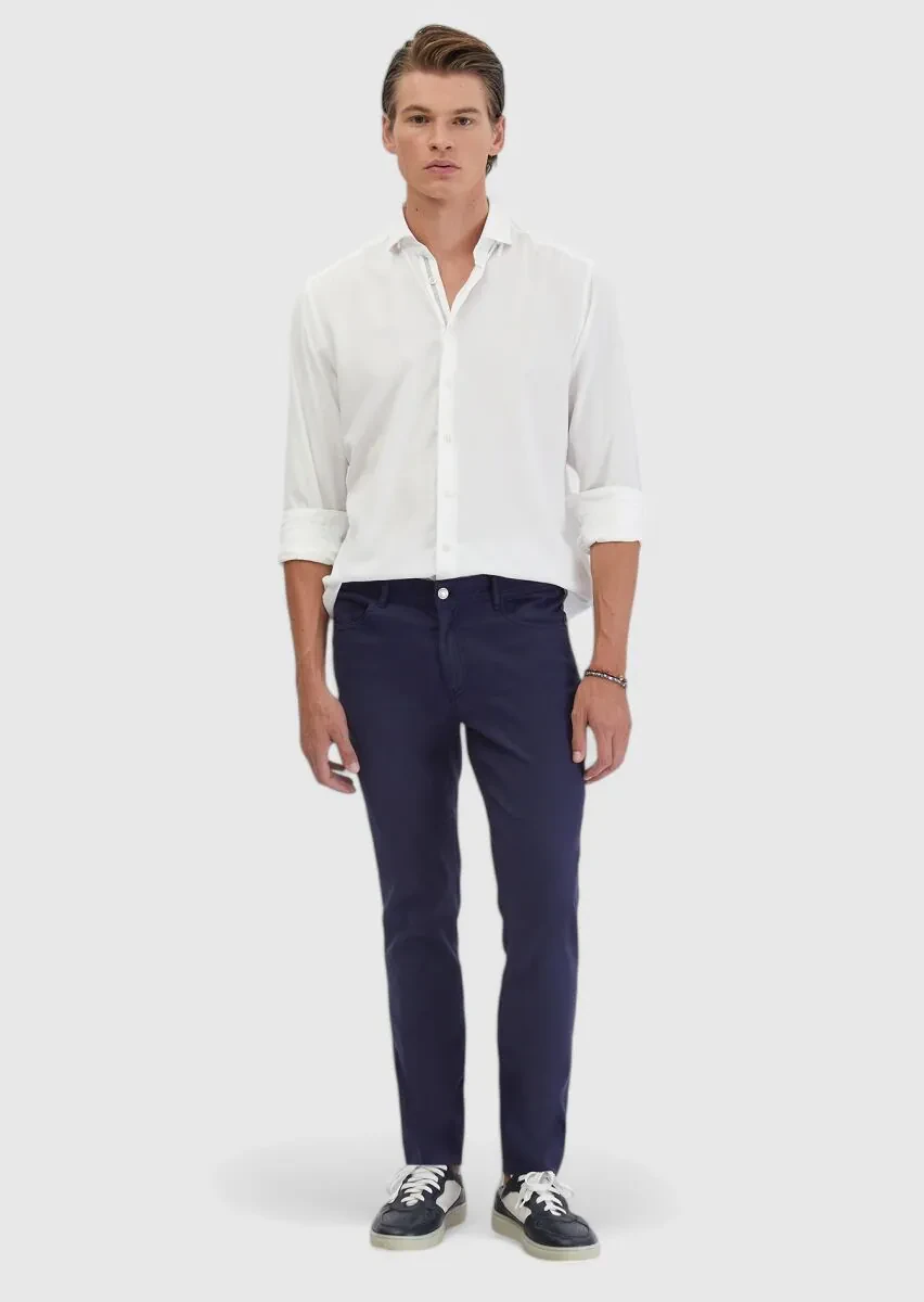 Lacivert Düz Dokuma Slim Fit Casual Keten Karışımlı Pantolon - 1