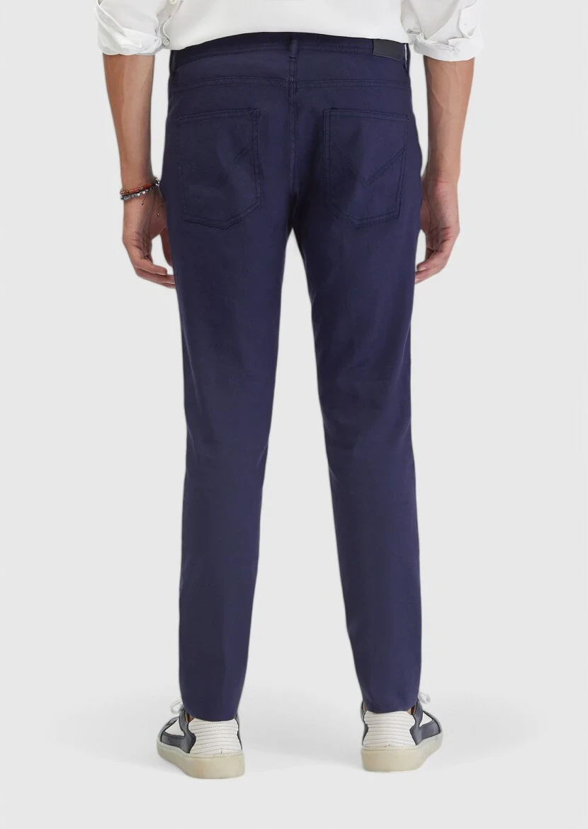 Lacivert Düz Dokuma Slim Fit Casual Keten Karışımlı Pantolon - 4