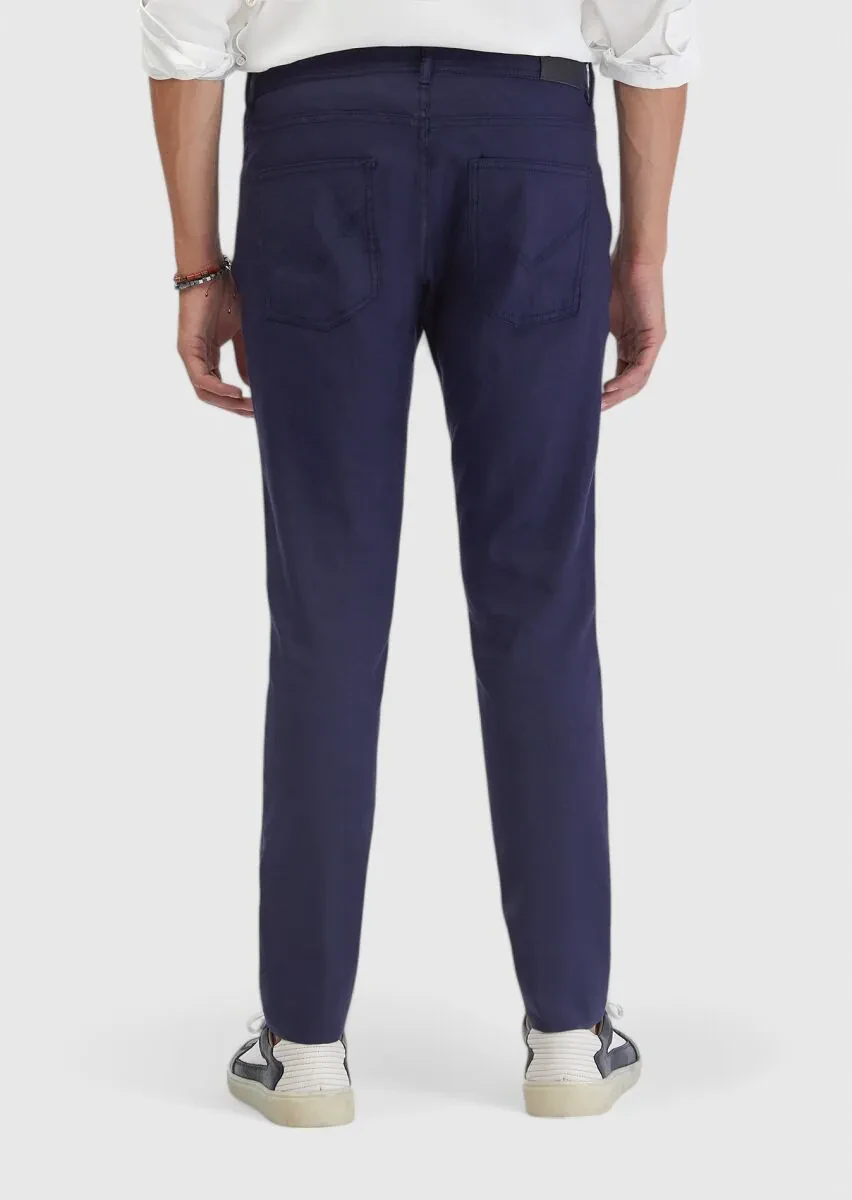 Lacivert Düz Dokuma Slim Fit Casual Keten Karışımlı Pantolon - 4