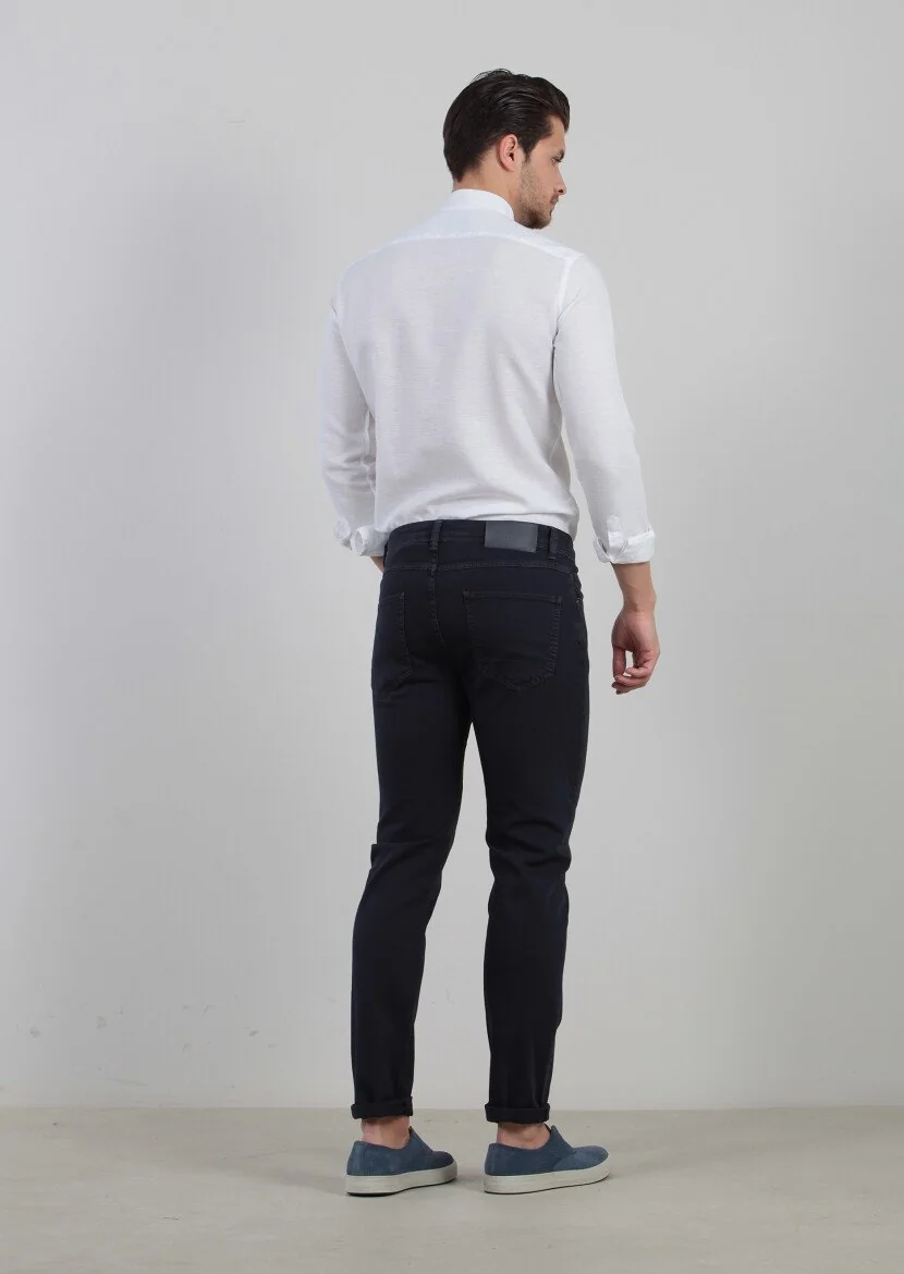 Lacivert Düz Dokuma Slim Fit Casual Pamuk Karışımlı Pantolon - 4