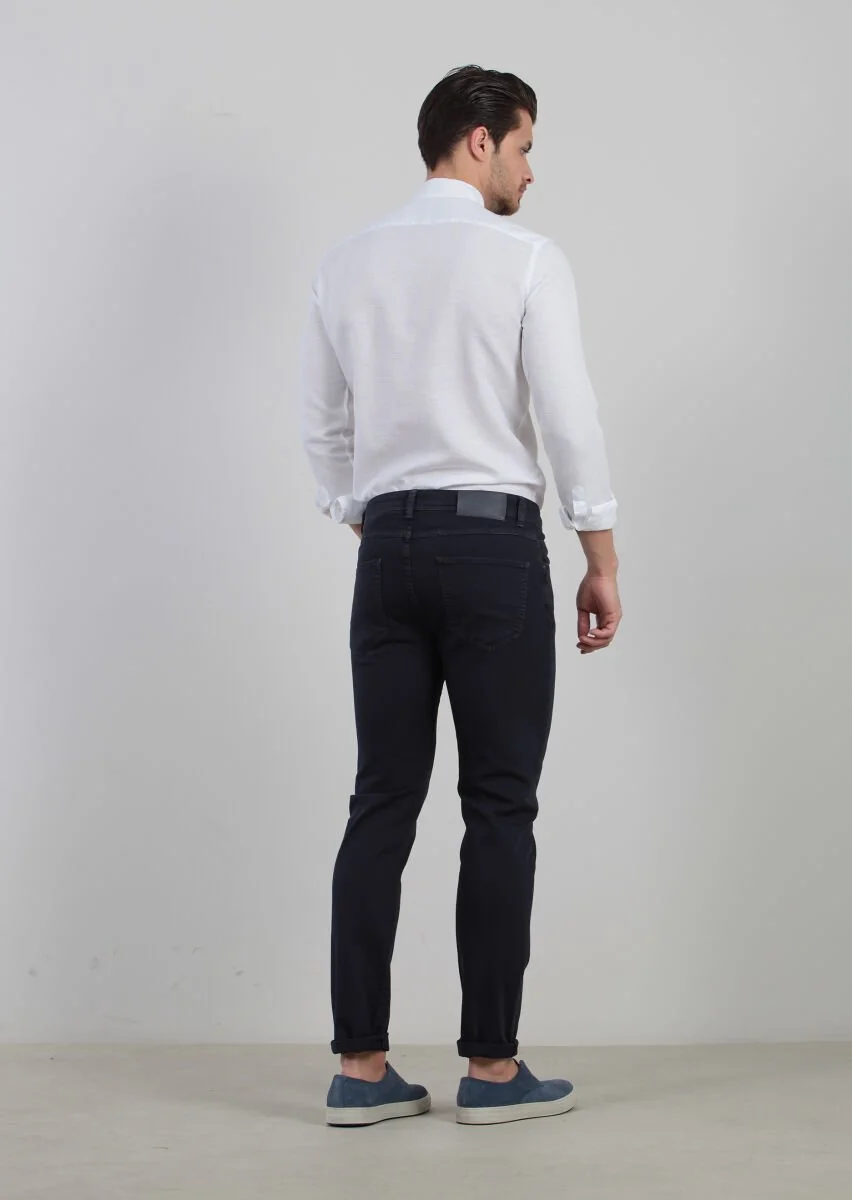 Lacivert Düz Dokuma Slim Fit Casual Pamuk Karışımlı Pantolon - 4