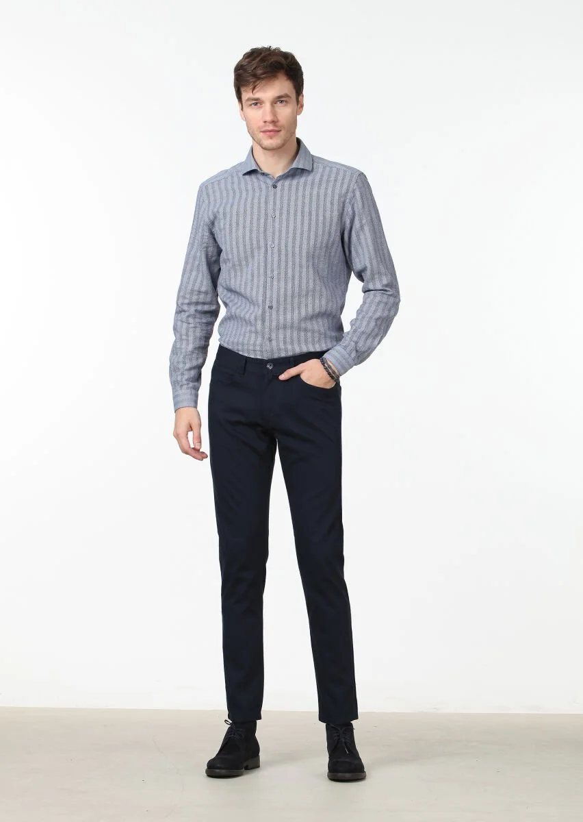 Lacivert Düz Dokuma Slim Fit Casual Pamuk Karışımlı Pantolon - 1
