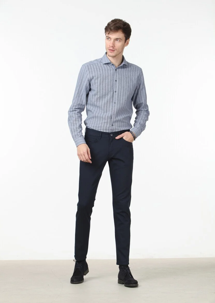 Lacivert Düz Dokuma Slim Fit Casual Pamuk Karışımlı Pantolon 
