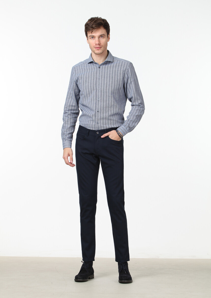 Lacivert Düz Dokuma Slim Fit Casual Pamuk Karışımlı Pantolon - 1
