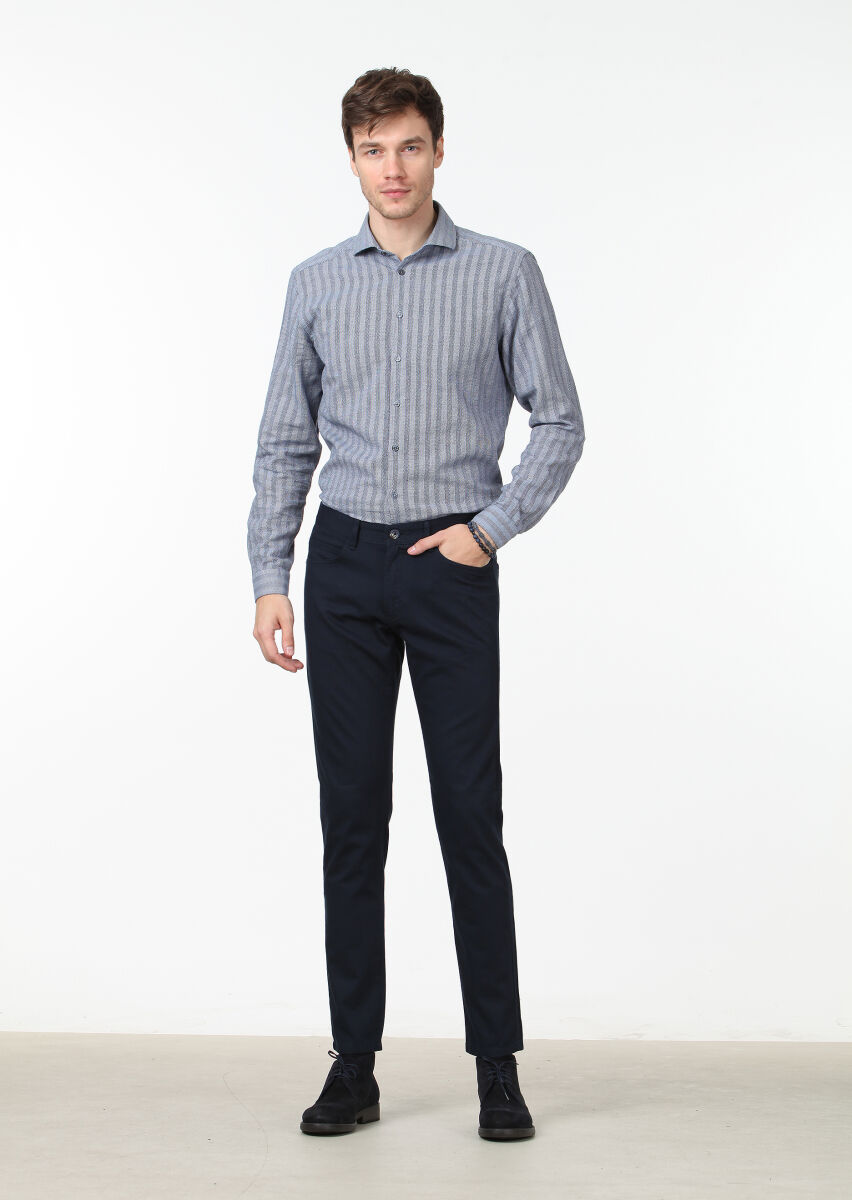 Lacivert Düz Dokuma Slim Fit Casual Pamuk Karışımlı Pantolon - 1