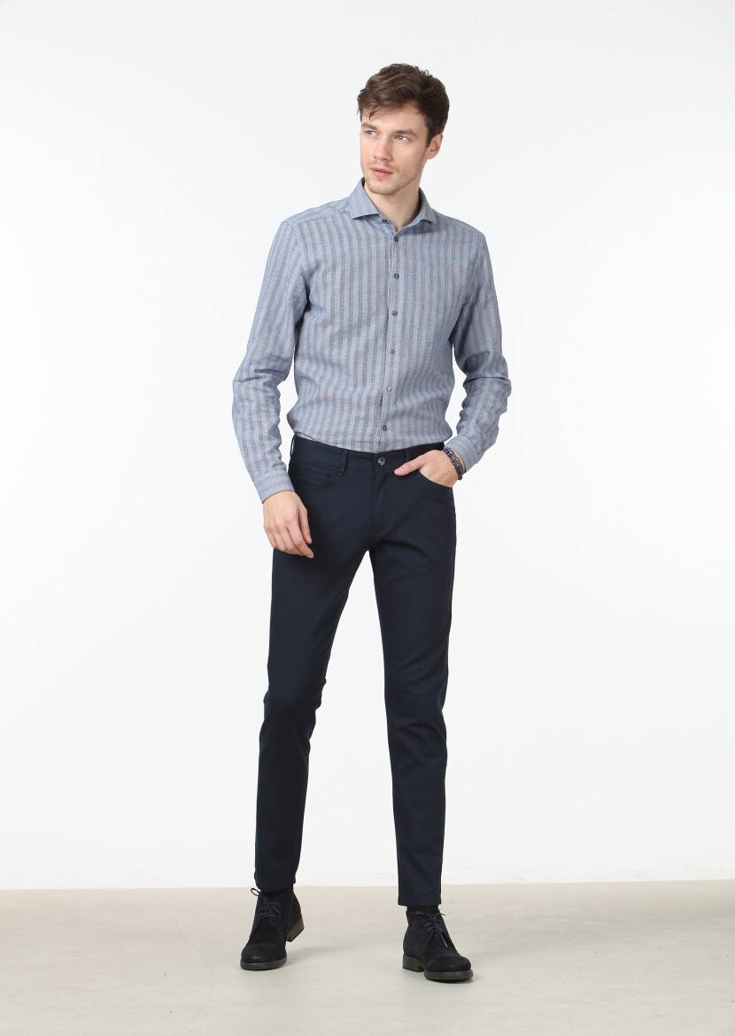 Lacivert Düz Dokuma Slim Fit Casual Pamuk Karışımlı Pantolon 