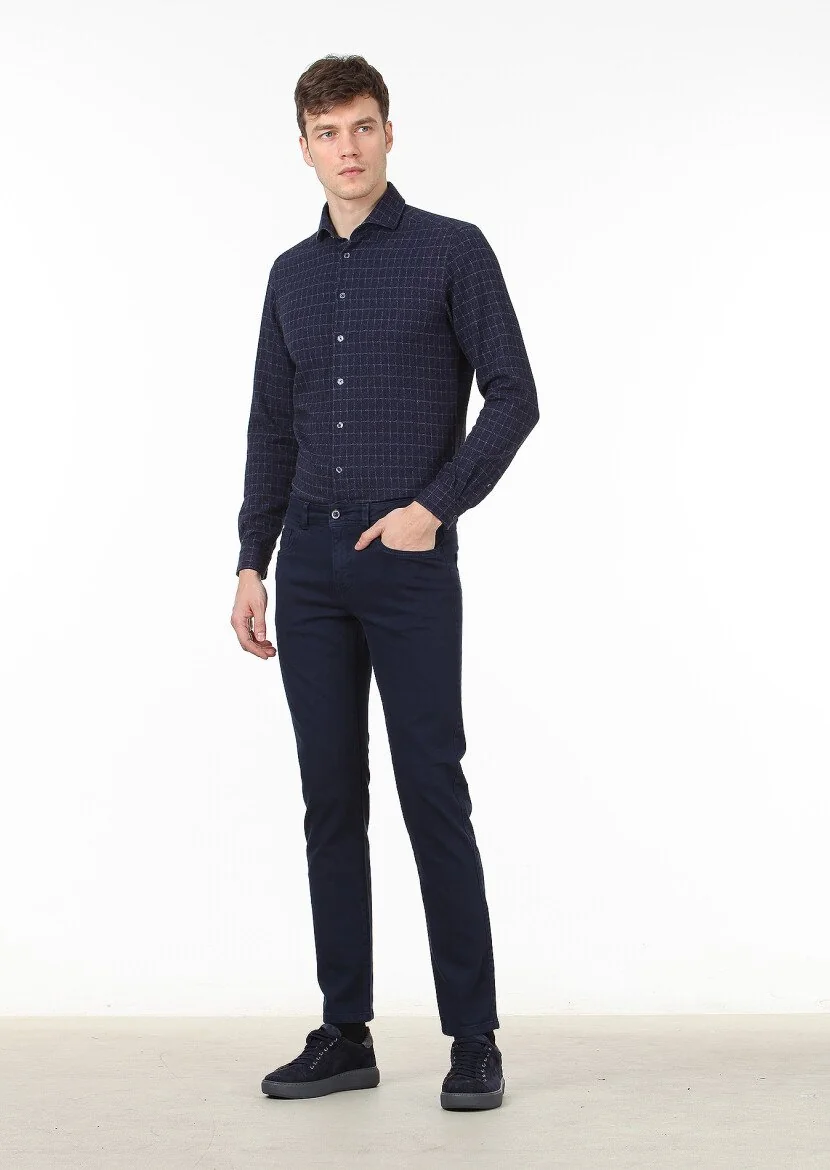 Lacivert Düz Dokuma Slim Fit Casual Pamuk Karışımlı Pantolon 