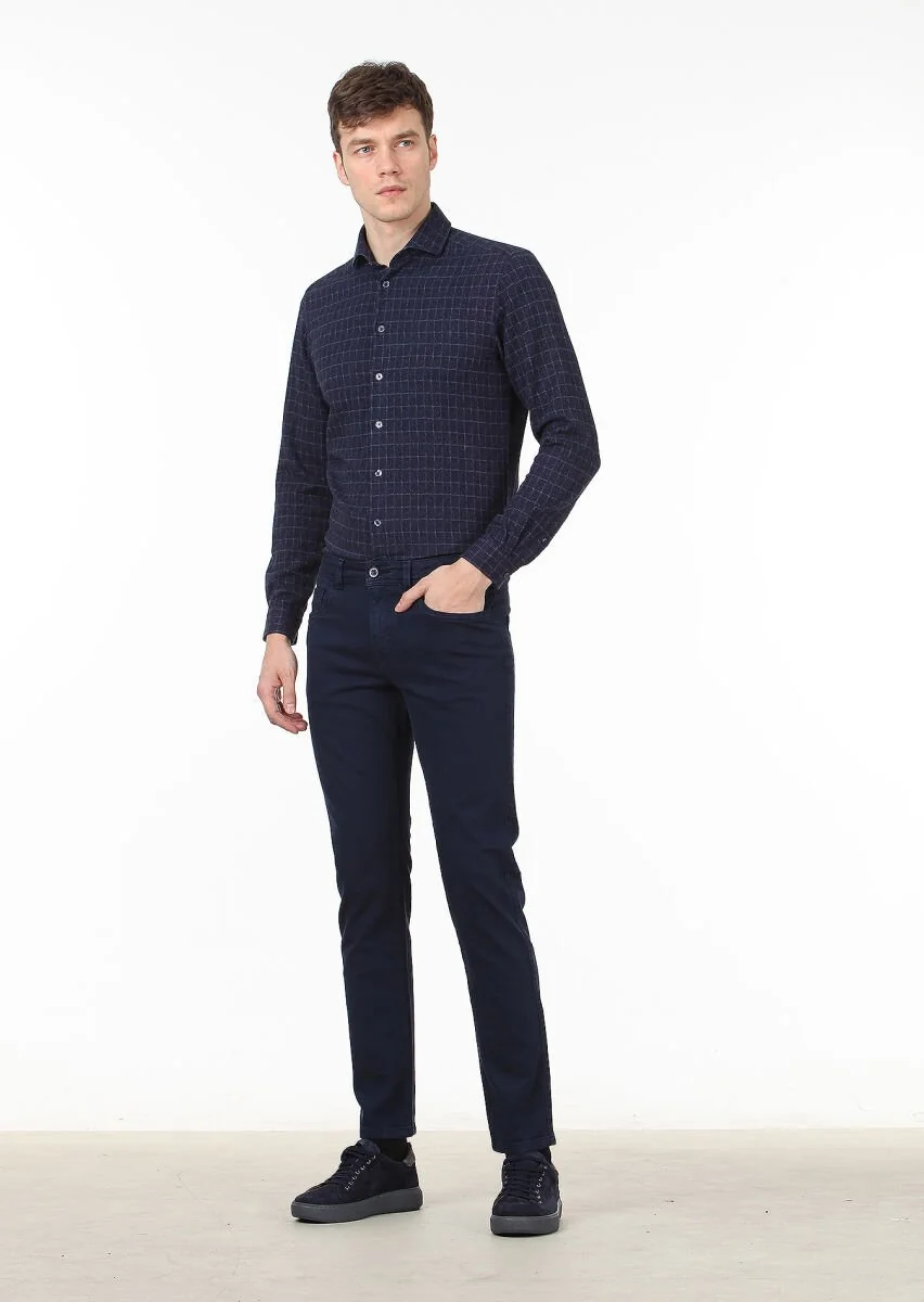 Lacivert Düz Dokuma Slim Fit Casual Pamuk Karışımlı Pantolon - 2