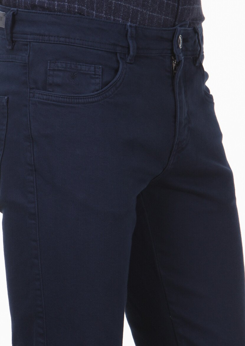 Lacivert Düz Dokuma Slim Fit Casual Pamuk Karışımlı Pantolon - 3