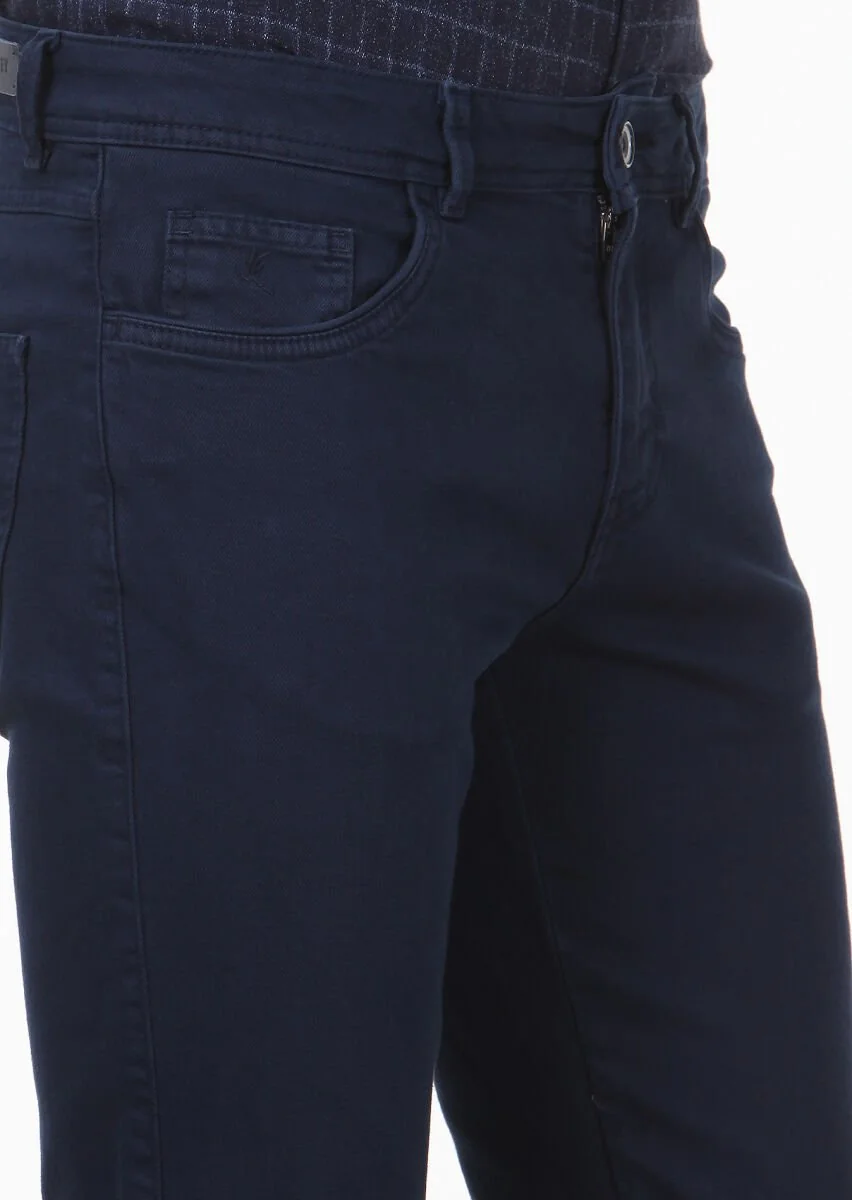 Lacivert Düz Dokuma Slim Fit Casual Pamuk Karışımlı Pantolon - 3