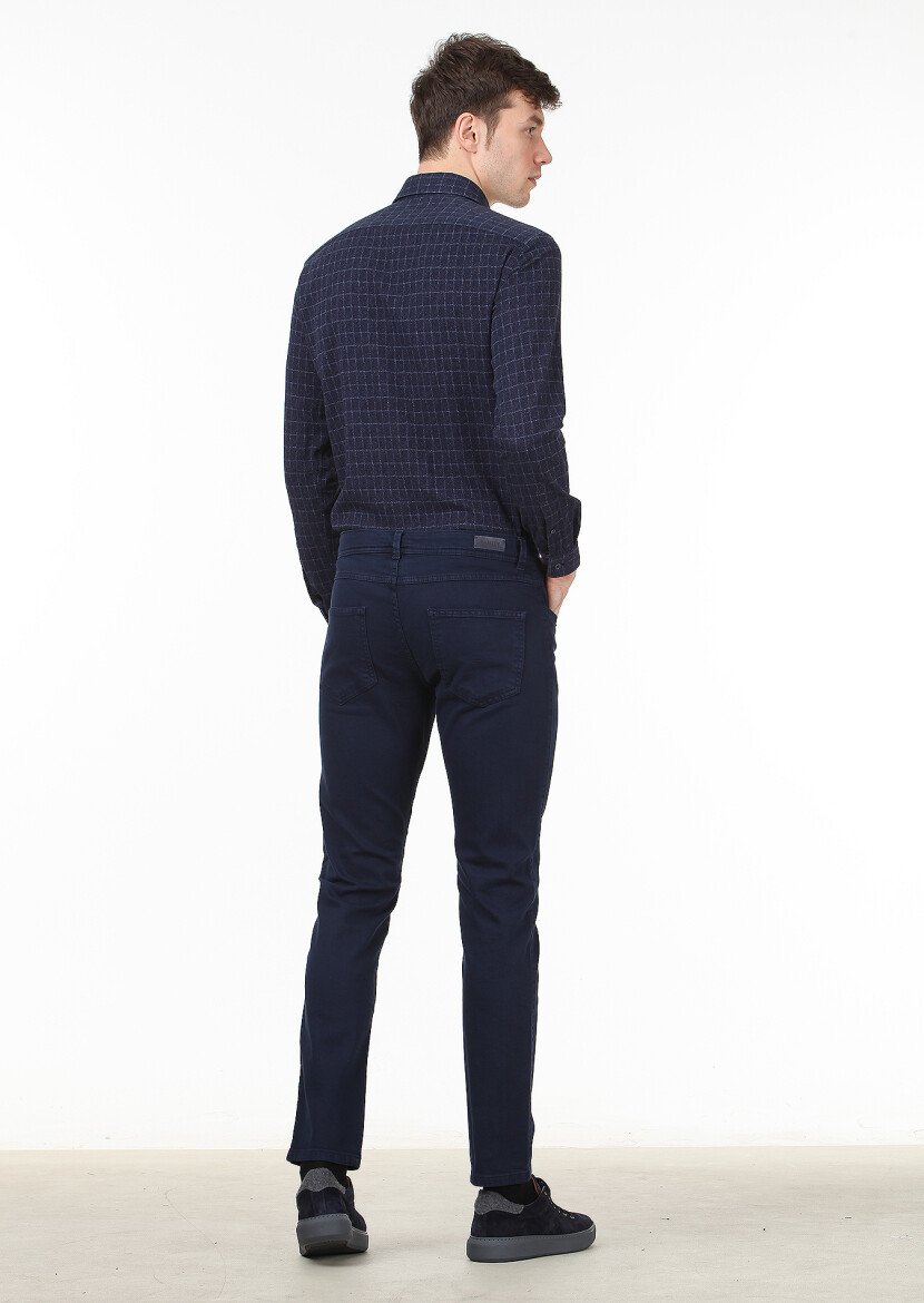 Lacivert Düz Dokuma Slim Fit Casual Pamuk Karışımlı Pantolon - 4