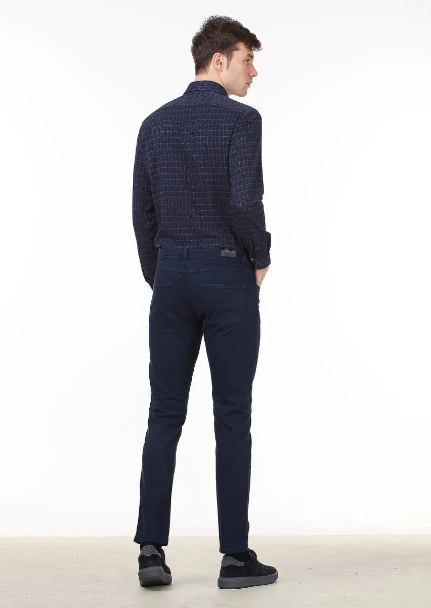 Lacivert Düz Dokuma Slim Fit Casual Pamuk Karışımlı Pantolon - 4