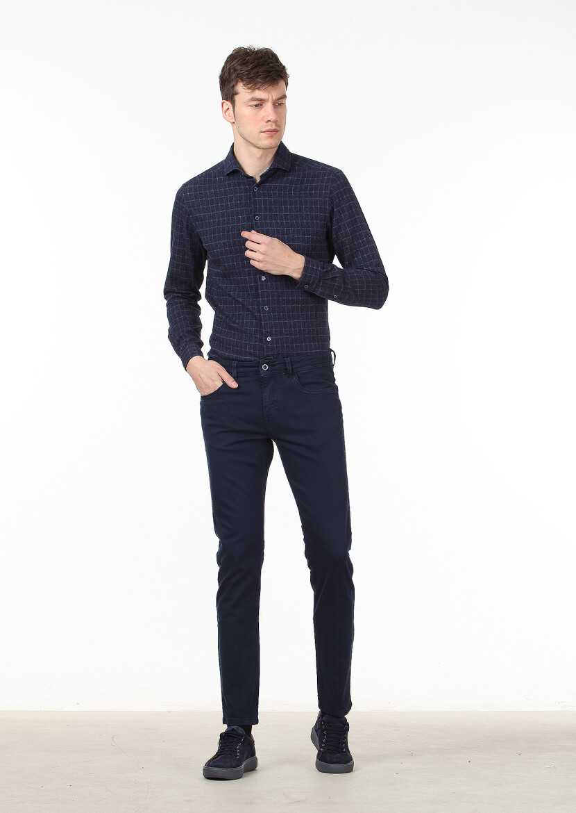Lacivert Düz Dokuma Slim Fit Casual Pamuk Karışımlı Pantolon - 1