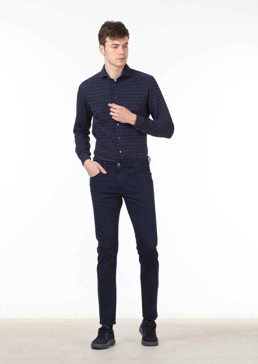 Lacivert Düz Dokuma Slim Fit Casual Pamuk Karışımlı Pantolon - 1
