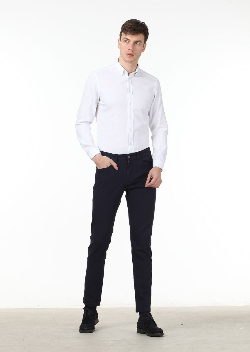Lacivert Düz Dokuma Slim Fit Casual Pamuk Karışımlı Pantolon - 2