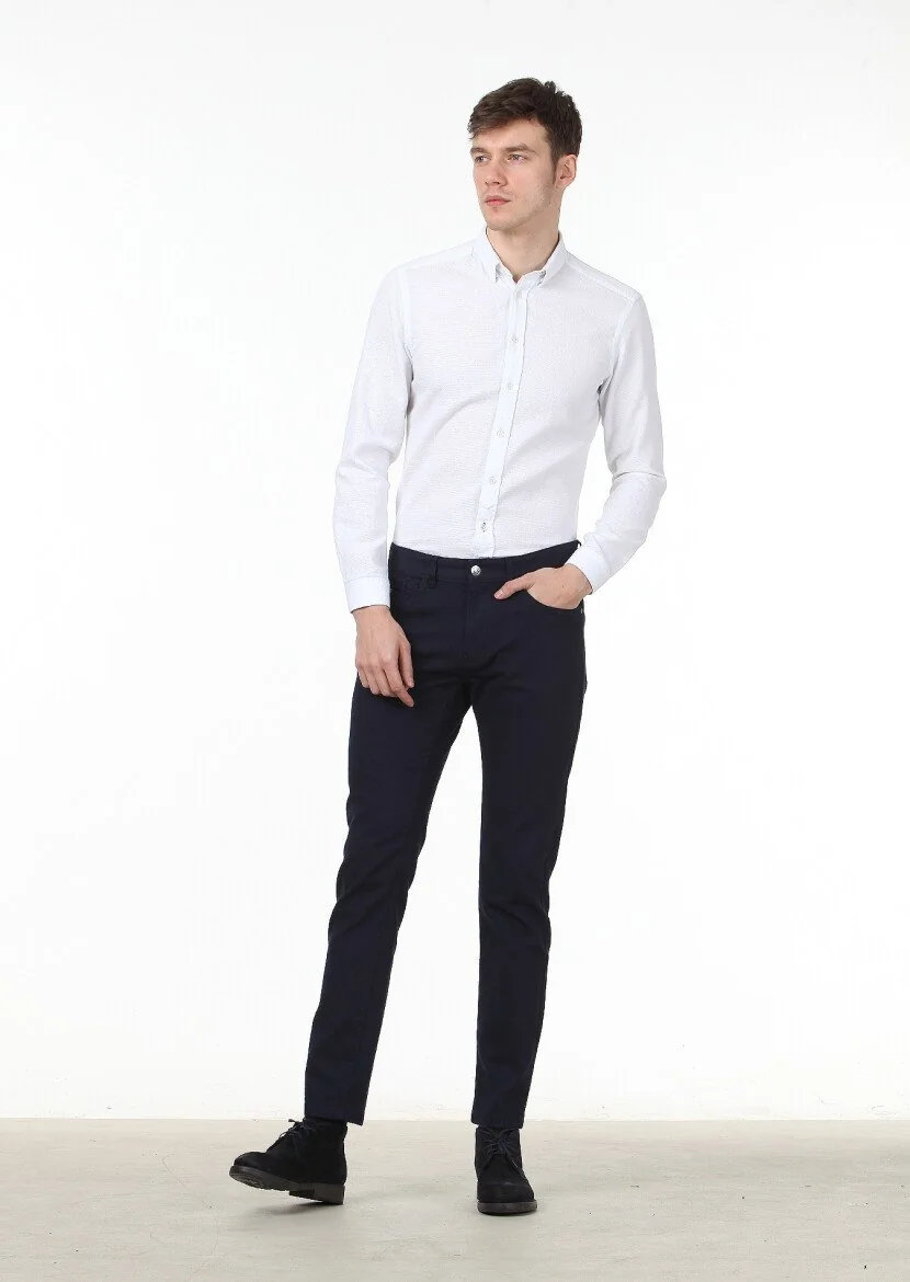 Lacivert Düz Dokuma Slim Fit Casual Pamuk Karışımlı Pantolon 