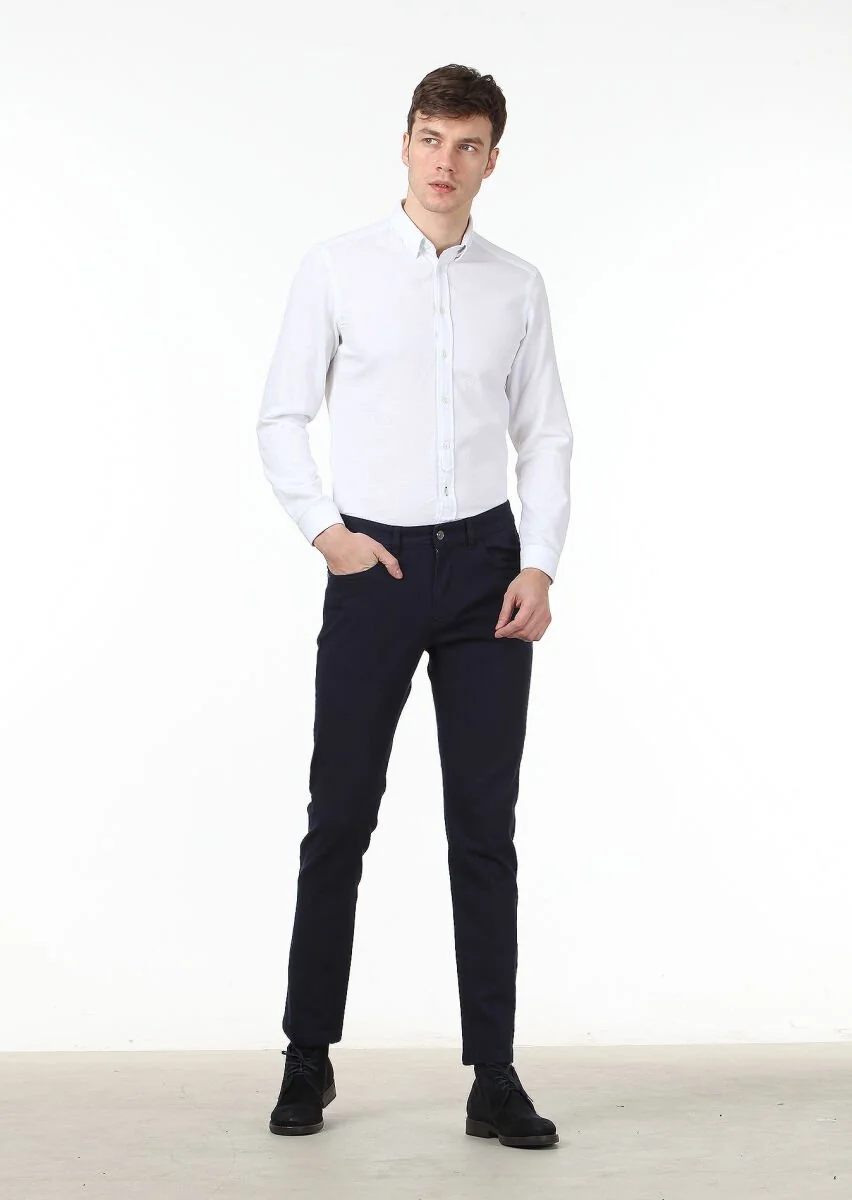Lacivert Düz Dokuma Slim Fit Casual Pamuk Karışımlı Pantolon - 2
