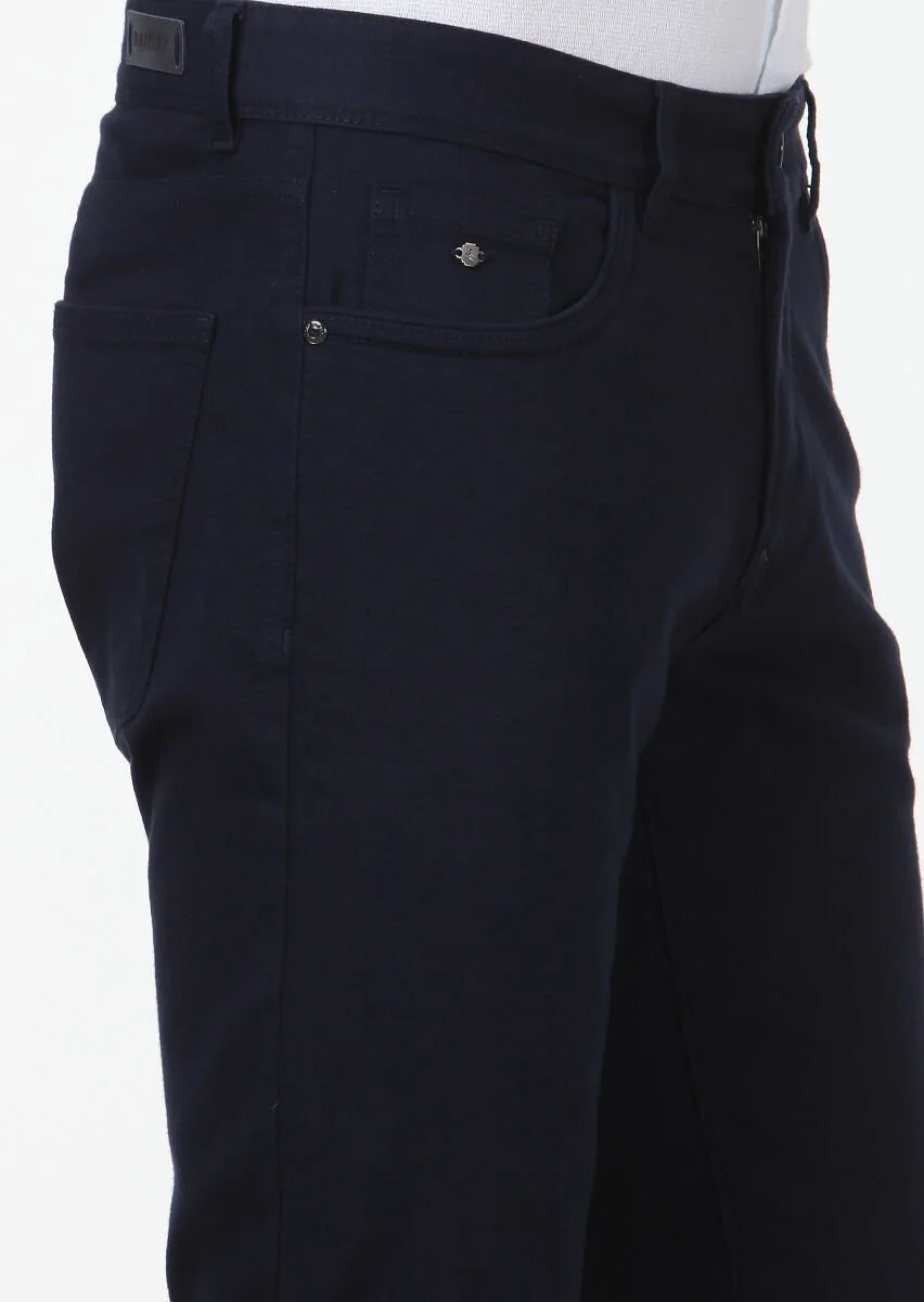 Lacivert Düz Dokuma Slim Fit Casual Pamuk Karışımlı Pantolon - 3