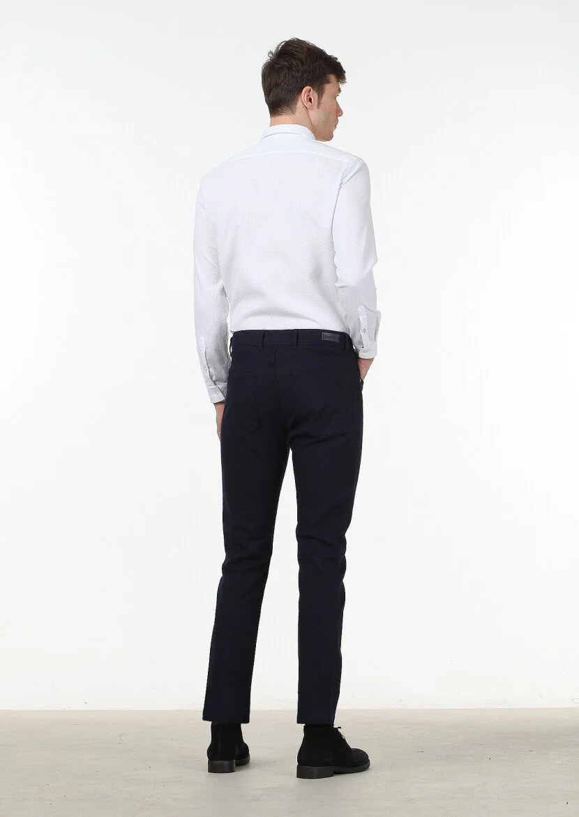 Lacivert Düz Dokuma Slim Fit Casual Pamuk Karışımlı Pantolon - 4