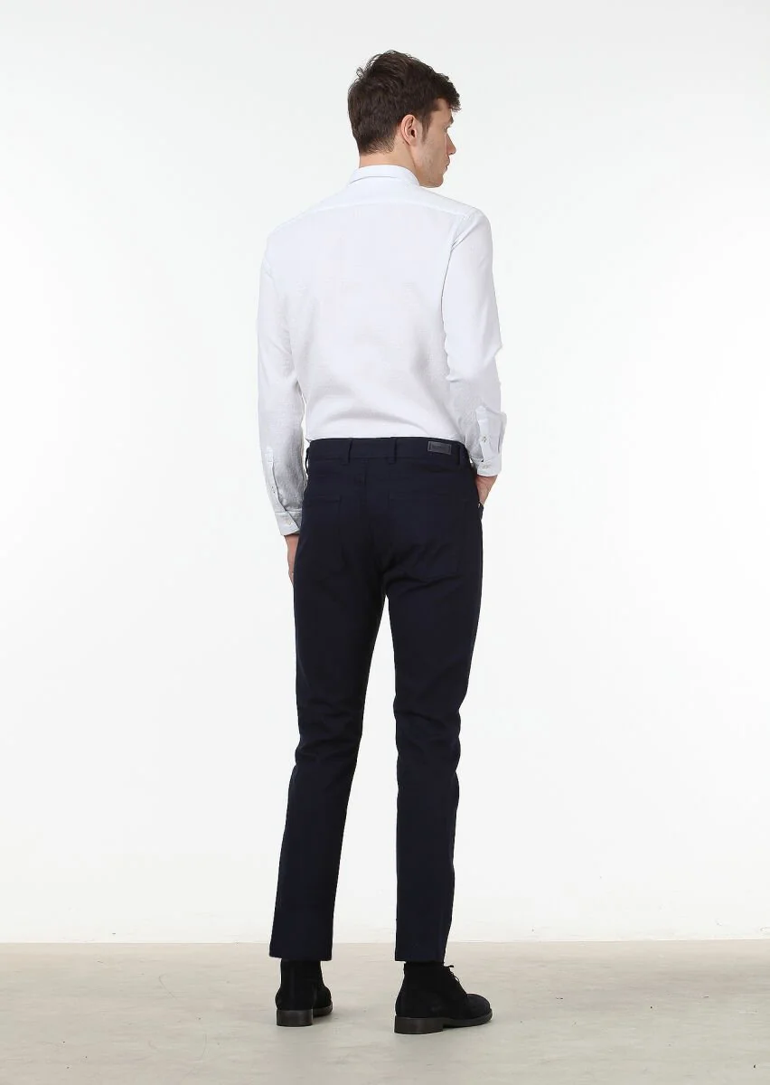 Lacivert Düz Dokuma Slim Fit Casual Pamuk Karışımlı Pantolon - 4