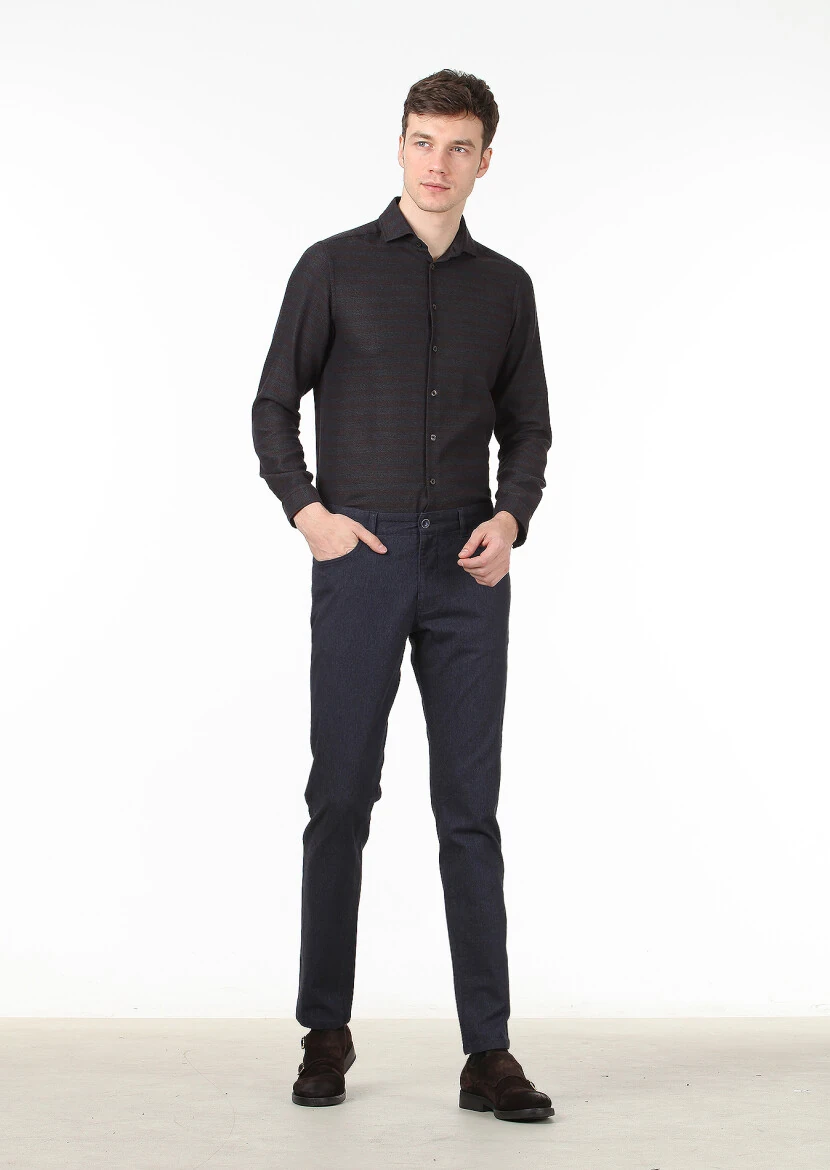 Lacivert Düz Dokuma Slim Fit Casual Pamuk Karışımlı Pantolon - 2