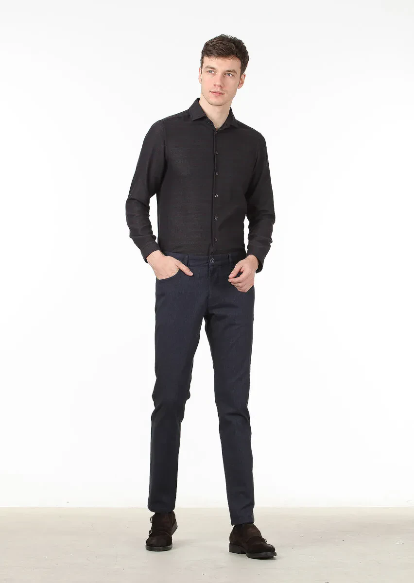 Lacivert Düz Dokuma Slim Fit Casual Pamuk Karışımlı Pantolon - 2
