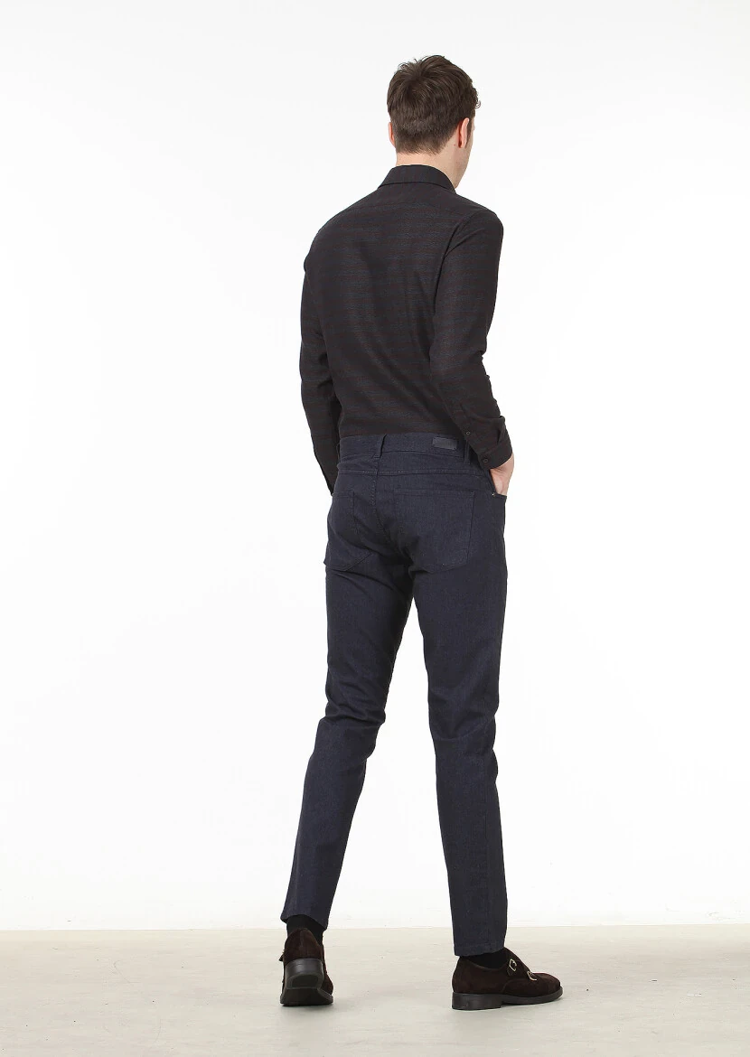 Lacivert Düz Dokuma Slim Fit Casual Pamuk Karışımlı Pantolon - 4