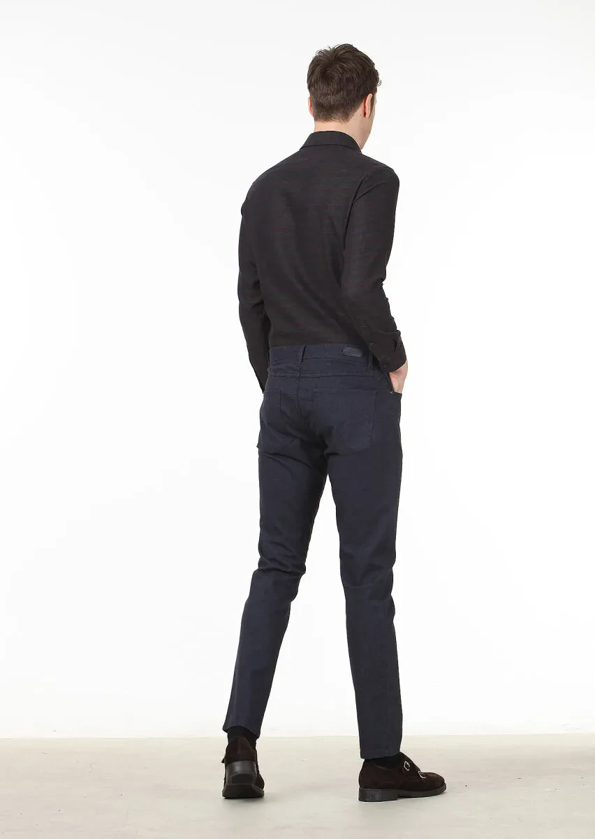 Lacivert Düz Dokuma Slim Fit Casual Pamuk Karışımlı Pantolon - 4