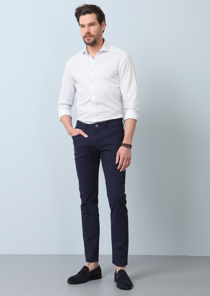 Lacivert Düz Dokuma Slim Fit Casual Pamuk Karışımlı Pantolon - 3
