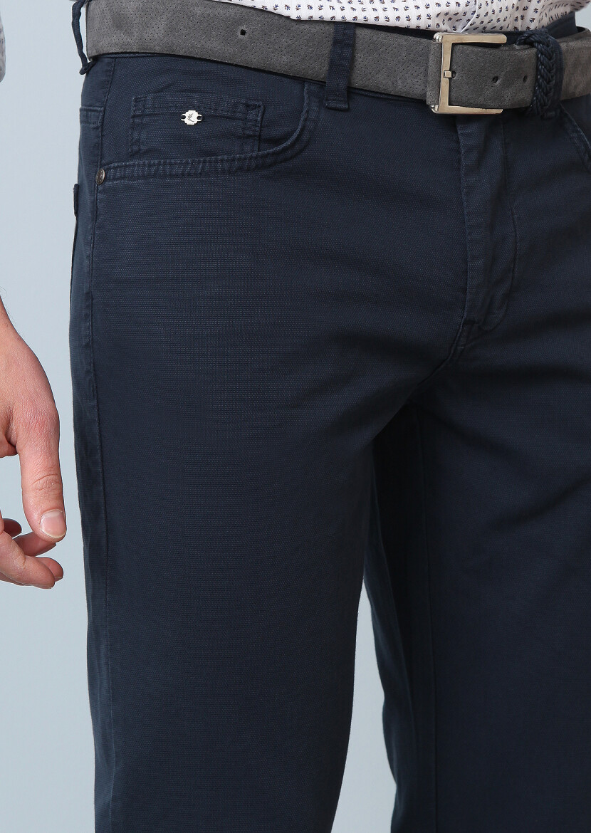 Lacivert Düz Dokuma Slim Fit Casual Pamuk Karışımlı Pantolon - 2