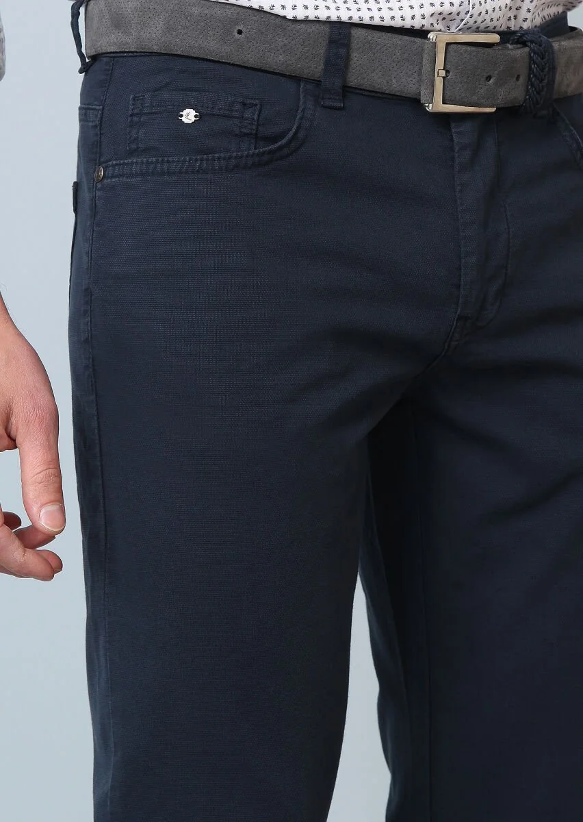 Lacivert Düz Dokuma Slim Fit Casual Pamuk Karışımlı Pantolon - 2